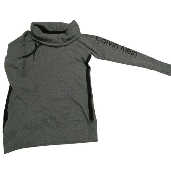 Calvin Klein Sweater Womens M Grey Cowl Neck Performance Logo Fleece Pullover - Picture 1 of 9
